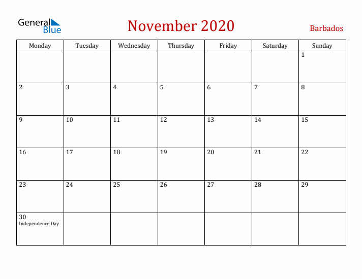 Barbados November 2020 Calendar - Monday Start