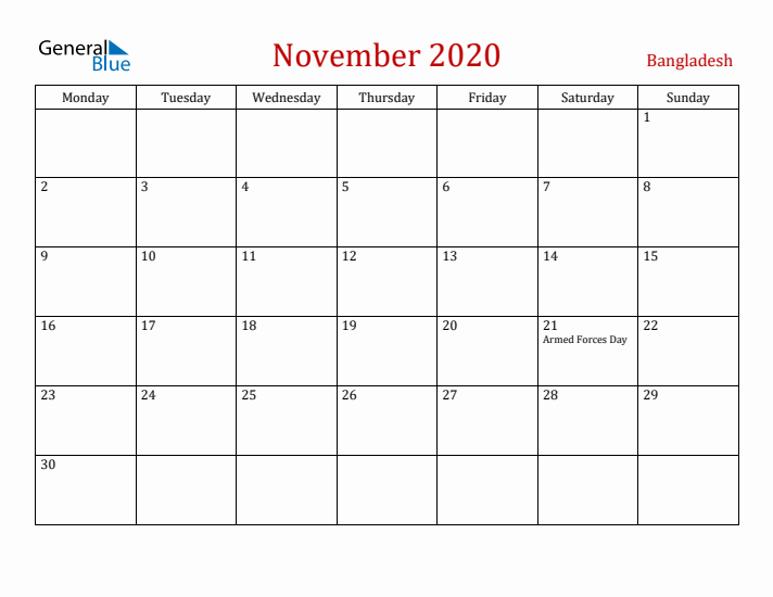 Bangladesh November 2020 Calendar - Monday Start