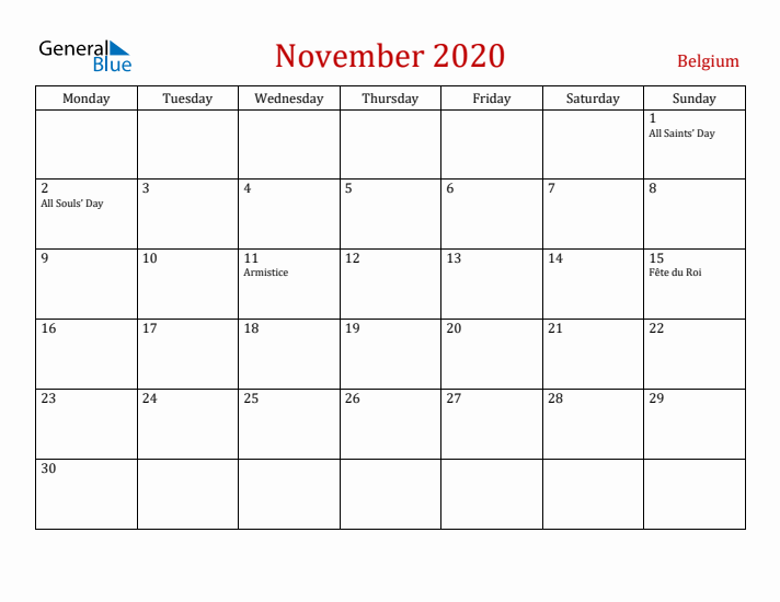 Belgium November 2020 Calendar - Monday Start