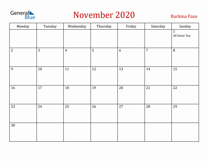 Burkina Faso November 2020 Calendar - Monday Start