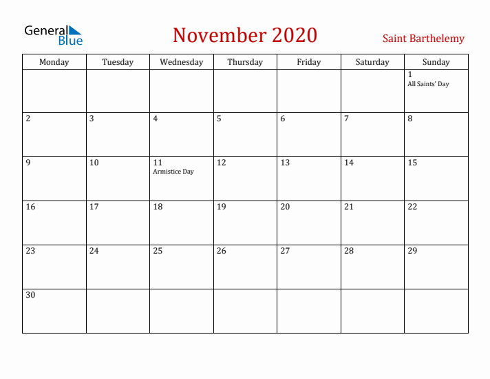 Saint Barthelemy November 2020 Calendar - Monday Start