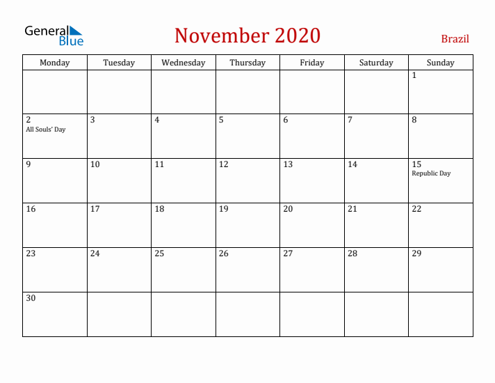Brazil November 2020 Calendar - Monday Start