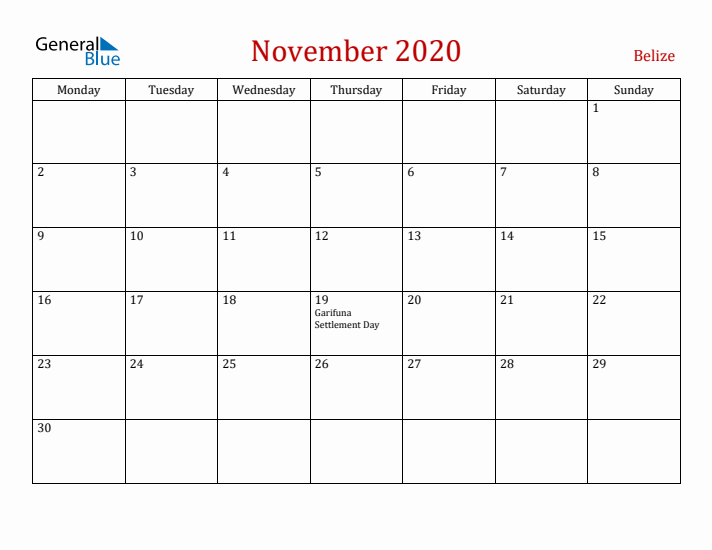 Belize November 2020 Calendar - Monday Start