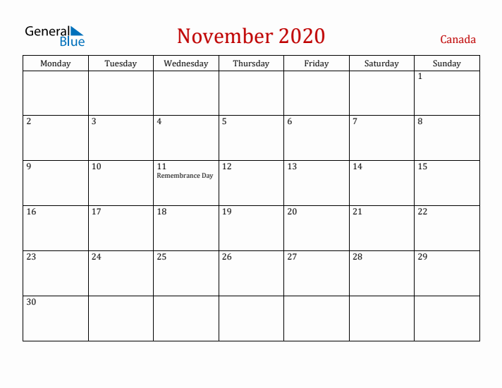 Canada November 2020 Calendar - Monday Start