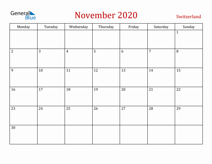 Switzerland November 2020 Calendar - Monday Start