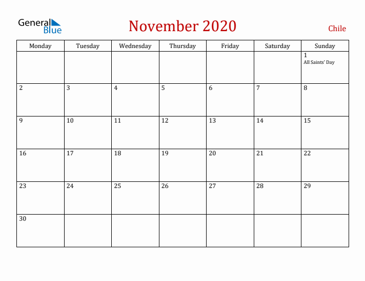 Chile November 2020 Calendar - Monday Start