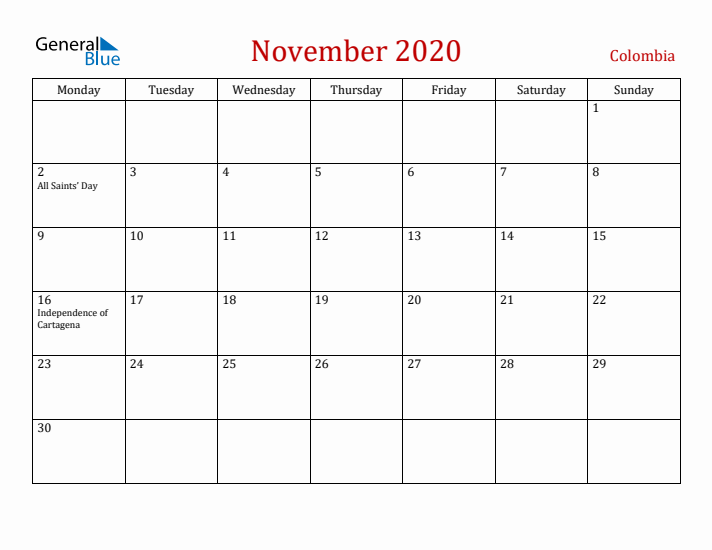 Colombia November 2020 Calendar - Monday Start