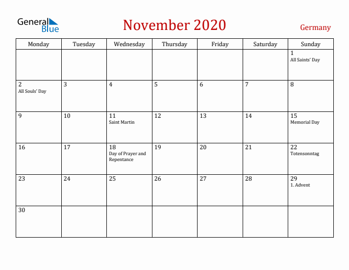 Germany November 2020 Calendar - Monday Start