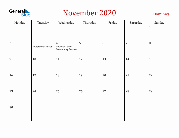 Dominica November 2020 Calendar - Monday Start