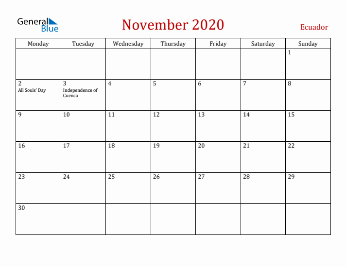 Ecuador November 2020 Calendar - Monday Start
