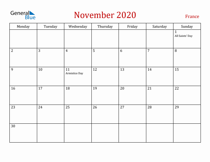 France November 2020 Calendar - Monday Start