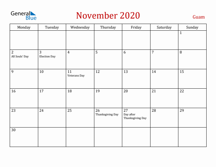Guam November 2020 Calendar - Monday Start