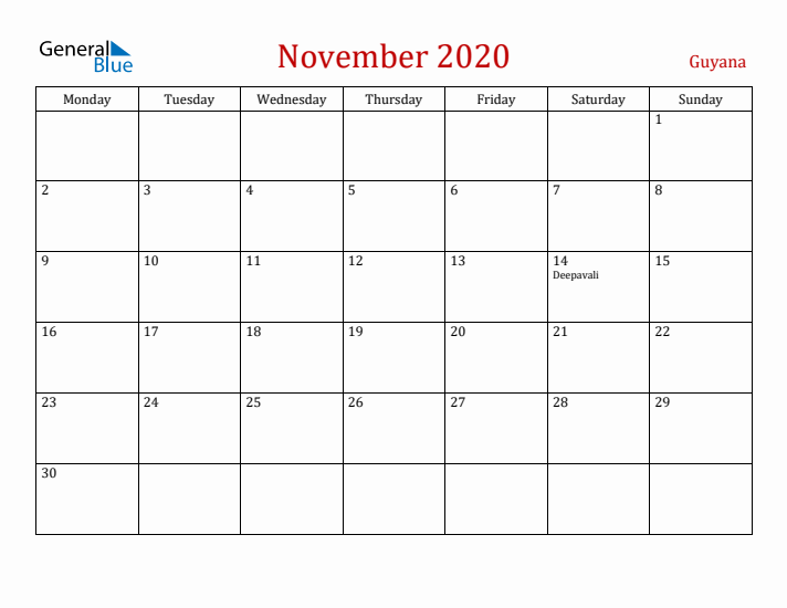 Guyana November 2020 Calendar - Monday Start