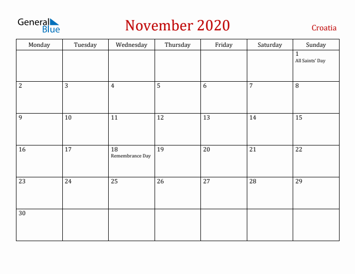 Croatia November 2020 Calendar - Monday Start