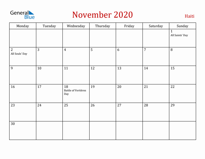 Haiti November 2020 Calendar - Monday Start