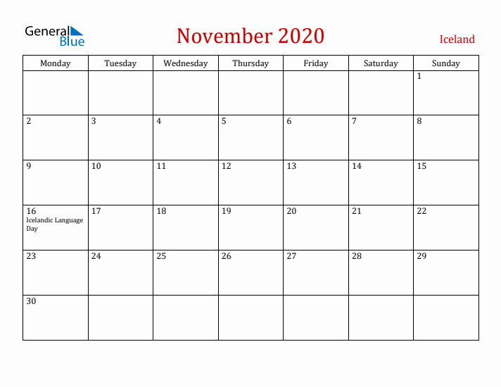Iceland November 2020 Calendar - Monday Start