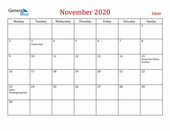 Japan November 2020 Calendar - Monday Start