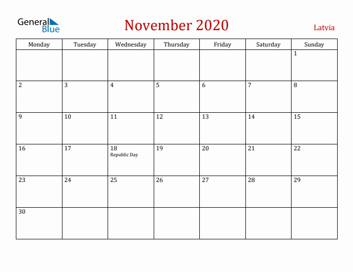 Latvia November 2020 Calendar - Monday Start