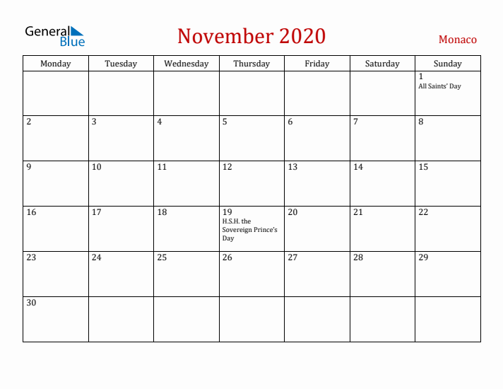 Monaco November 2020 Calendar - Monday Start