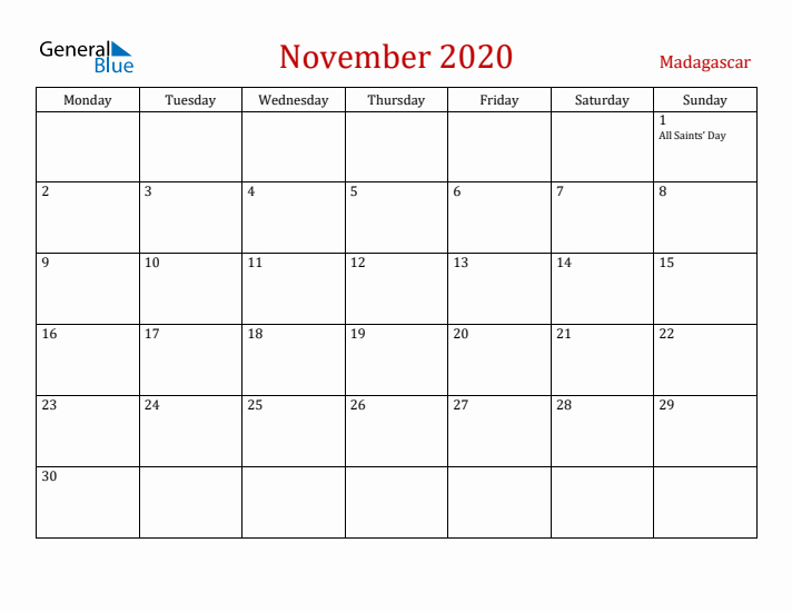 Madagascar November 2020 Calendar - Monday Start