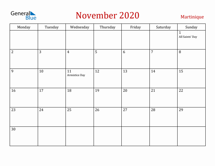 Martinique November 2020 Calendar - Monday Start