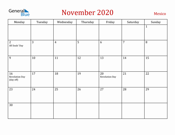 Mexico November 2020 Calendar - Monday Start
