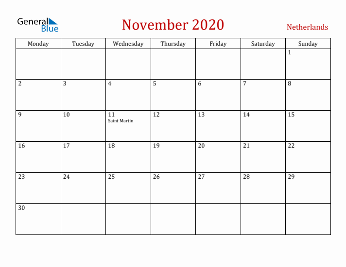 The Netherlands November 2020 Calendar - Monday Start
