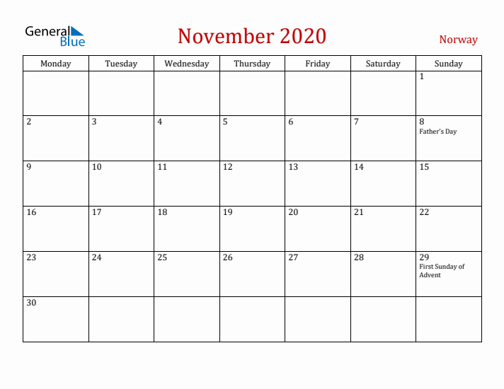 Norway November 2020 Calendar - Monday Start