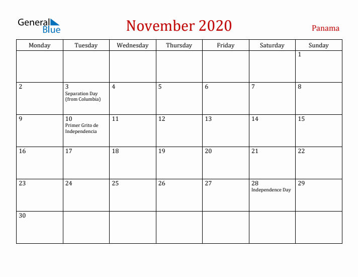 Panama November 2020 Calendar - Monday Start