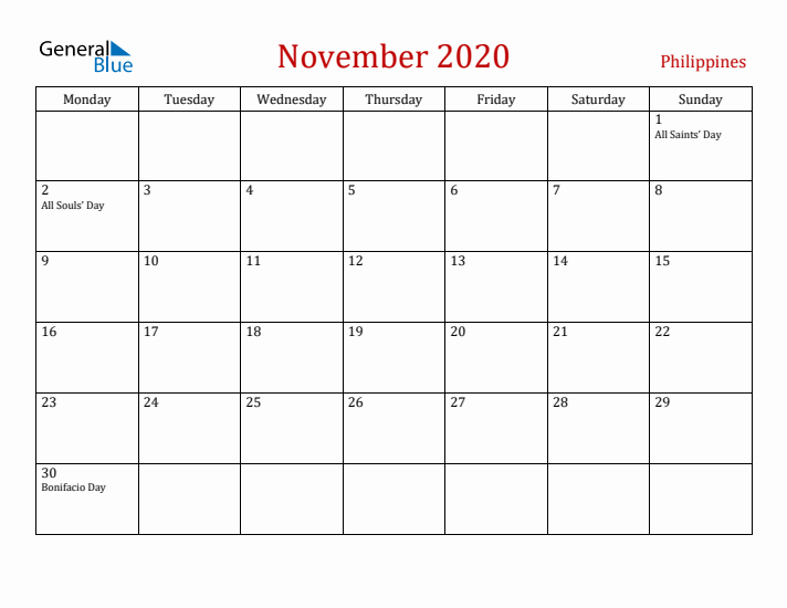Philippines November 2020 Calendar - Monday Start