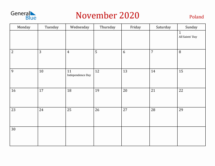 Poland November 2020 Calendar - Monday Start