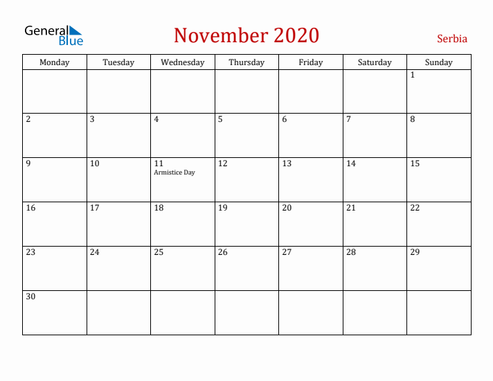 Serbia November 2020 Calendar - Monday Start
