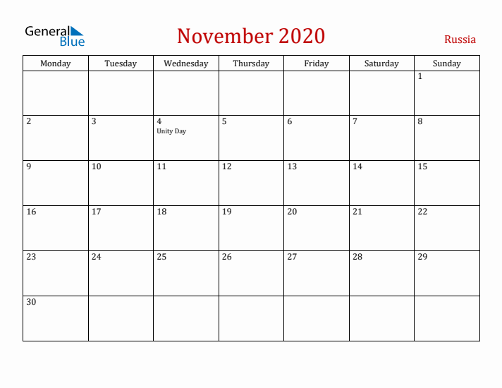 Russia November 2020 Calendar - Monday Start