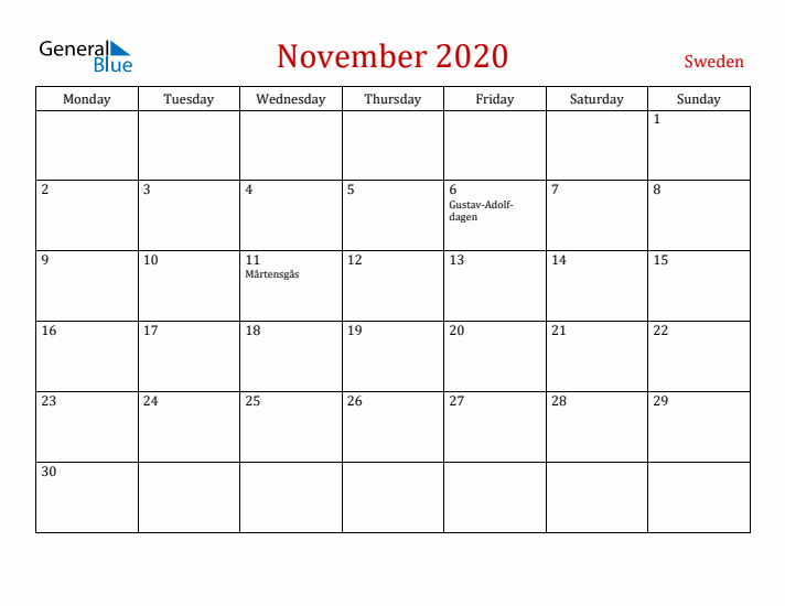 Sweden November 2020 Calendar - Monday Start