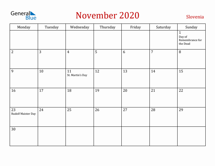 Slovenia November 2020 Calendar - Monday Start