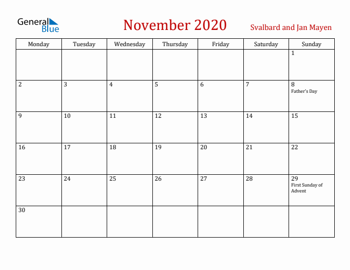 Svalbard and Jan Mayen November 2020 Calendar - Monday Start