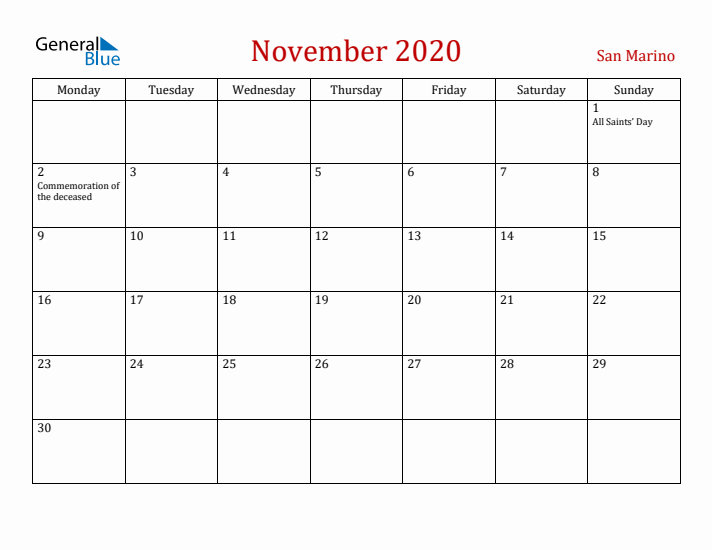 San Marino November 2020 Calendar - Monday Start