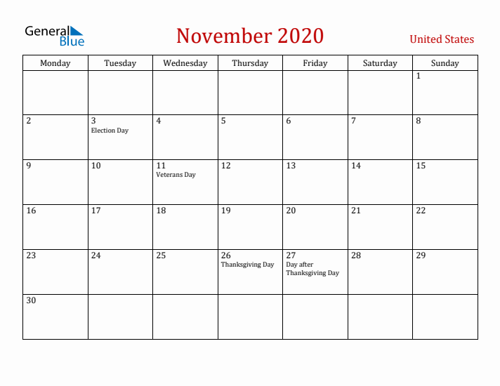 United States November 2020 Calendar - Monday Start