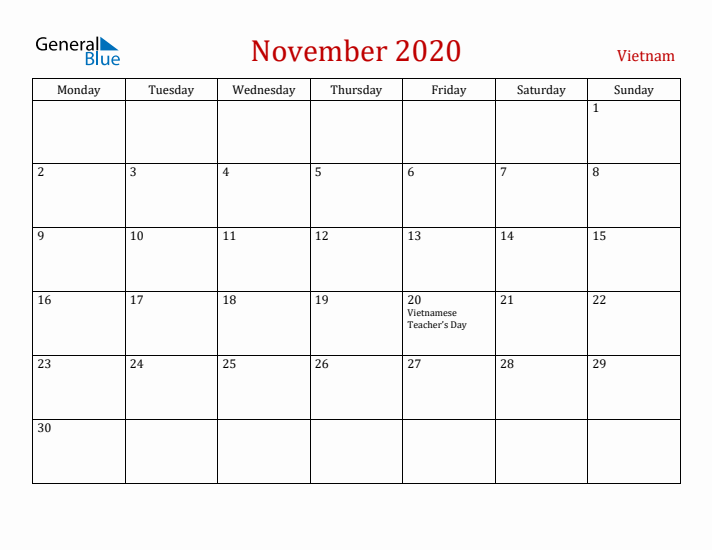 Vietnam November 2020 Calendar - Monday Start