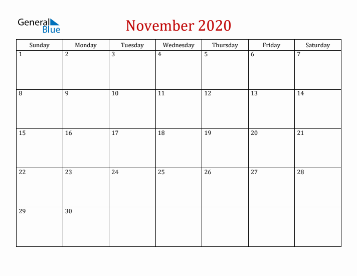 Blank November 2020 Calendar with Sunday Start