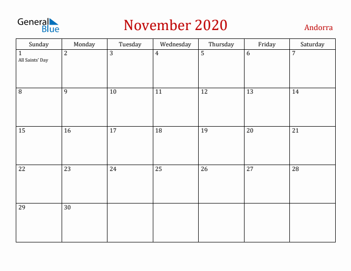 Andorra November 2020 Calendar - Sunday Start