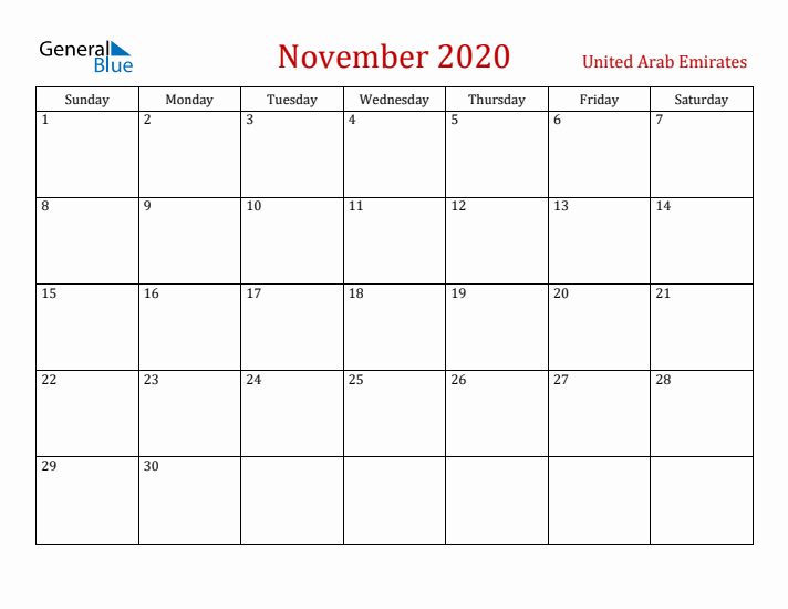United Arab Emirates November 2020 Calendar - Sunday Start