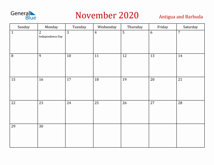 Antigua and Barbuda November 2020 Calendar - Sunday Start