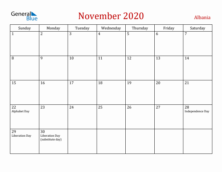 Albania November 2020 Calendar - Sunday Start