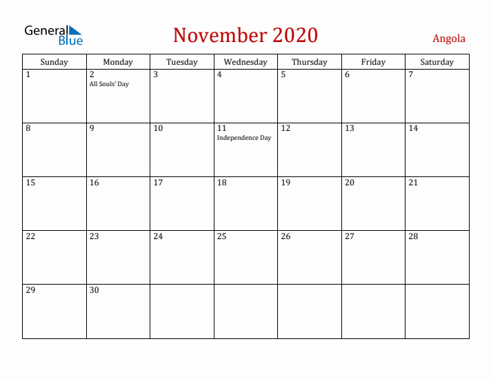 Angola November 2020 Calendar - Sunday Start
