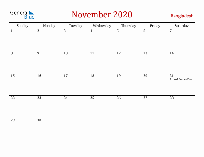 Bangladesh November 2020 Calendar - Sunday Start
