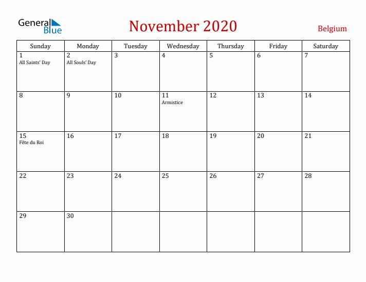 Belgium November 2020 Calendar - Sunday Start