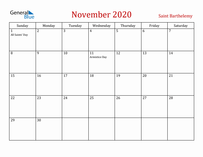 Saint Barthelemy November 2020 Calendar - Sunday Start