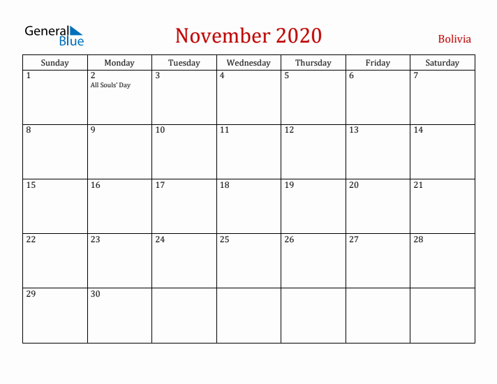 Bolivia November 2020 Calendar - Sunday Start