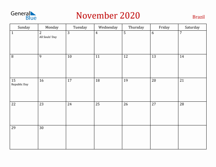 Brazil November 2020 Calendar - Sunday Start